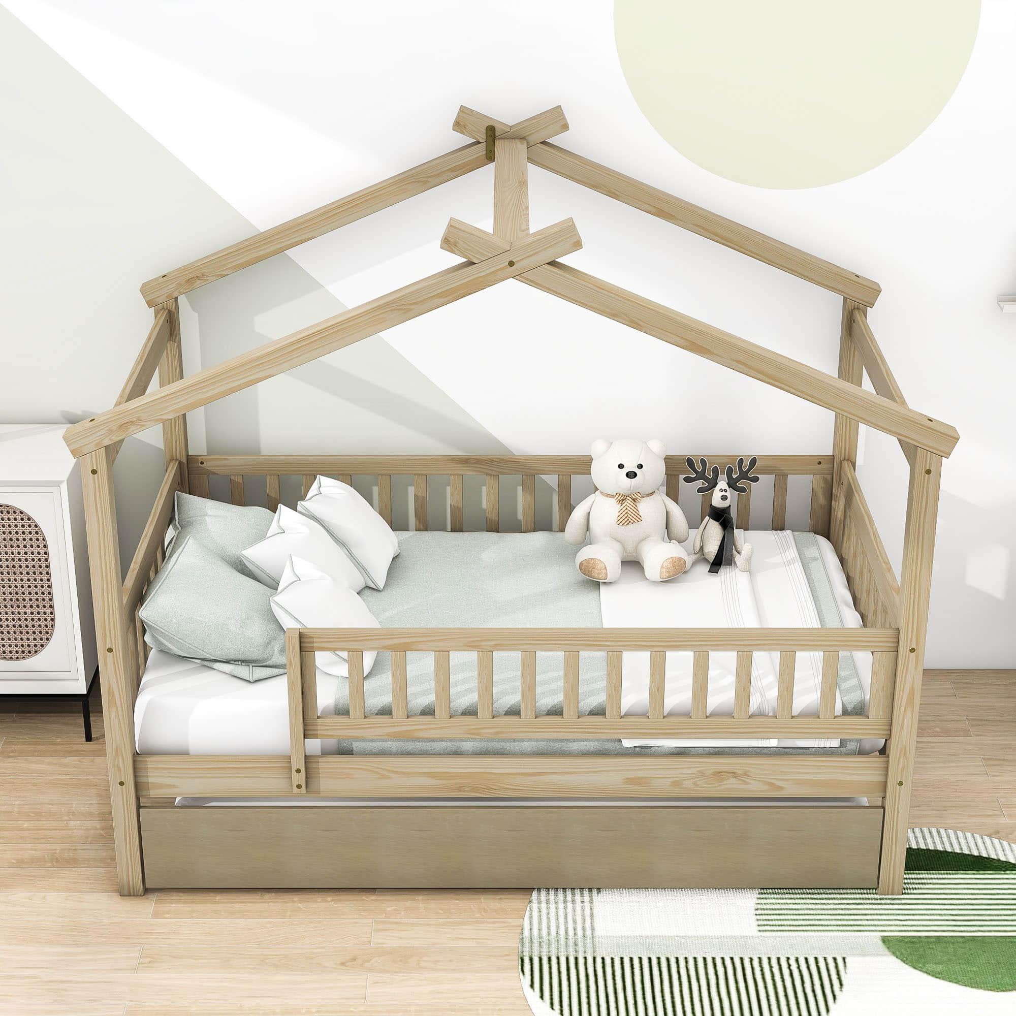 Wooden Twin House Bed with Twin Trundle for Kids, Toddler