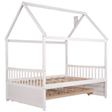 Full Size Kids Wooden House Bed Frame with Trundle and Storage