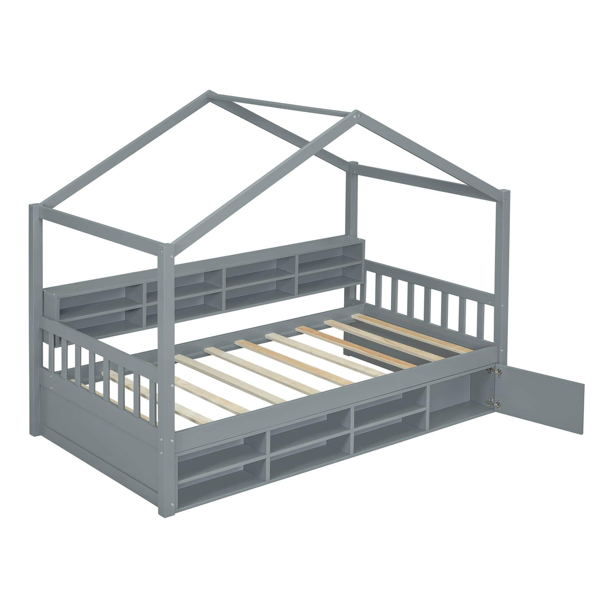 Wood Twin Size House Storage Bed Frame with Shelves and Mini-Cabinet