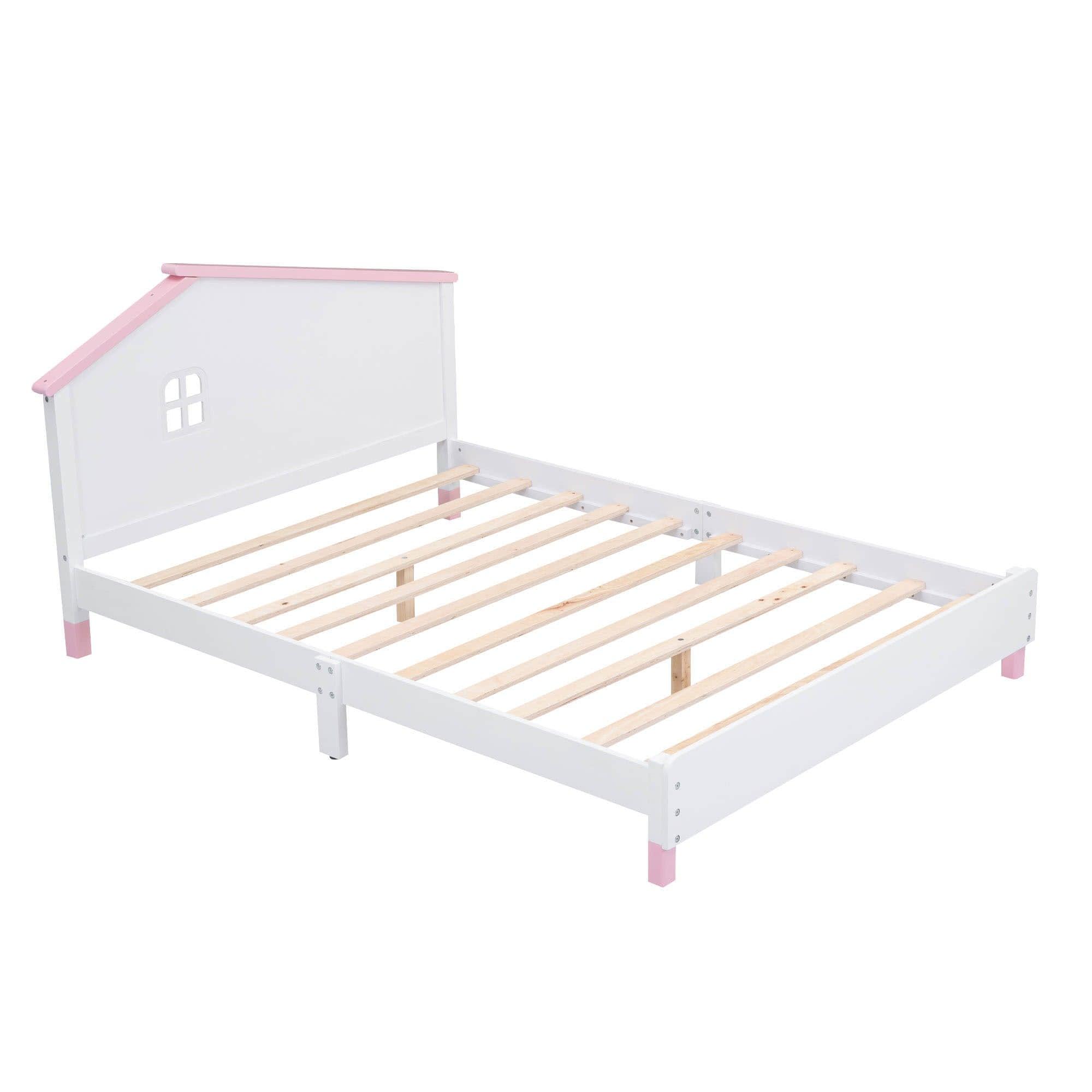 Full Size Wood Platform Bed with House-Shaped Headboard for Girls