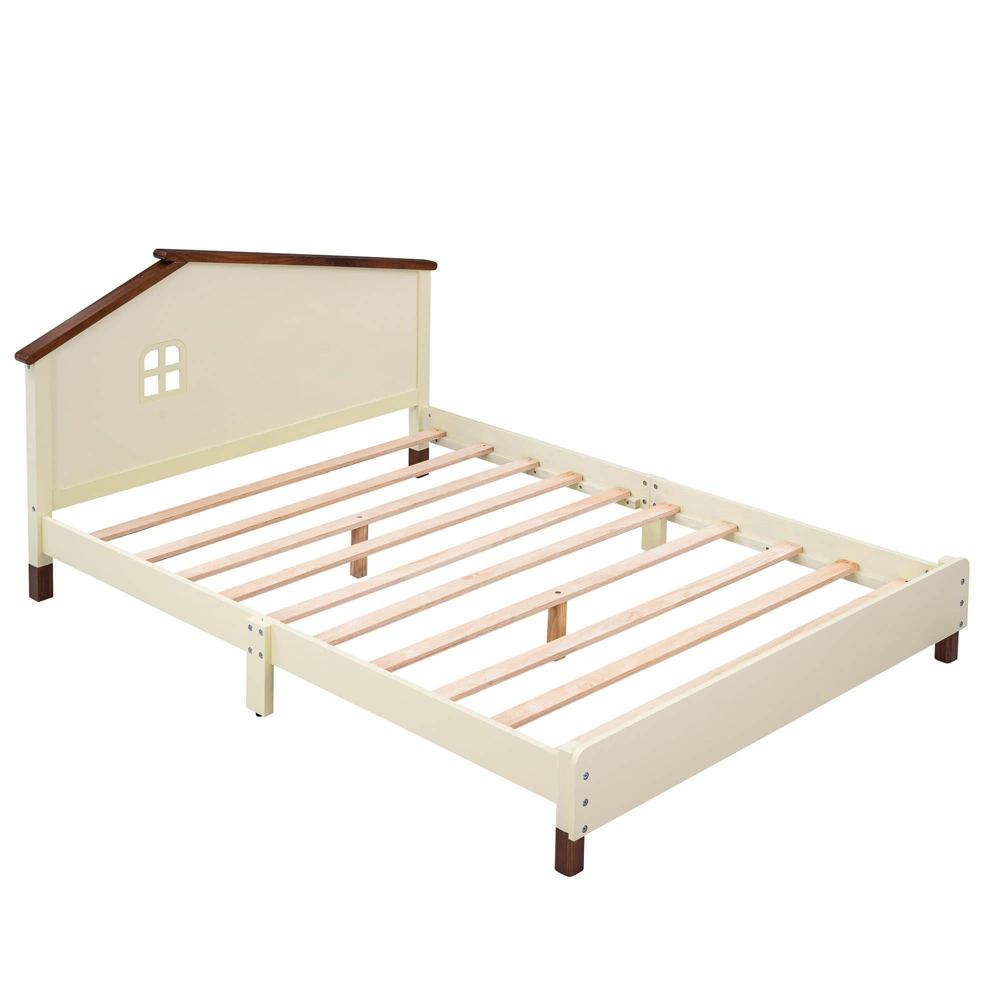 Full Size Wood Platform Bed with House-Shaped Headboard for Girls