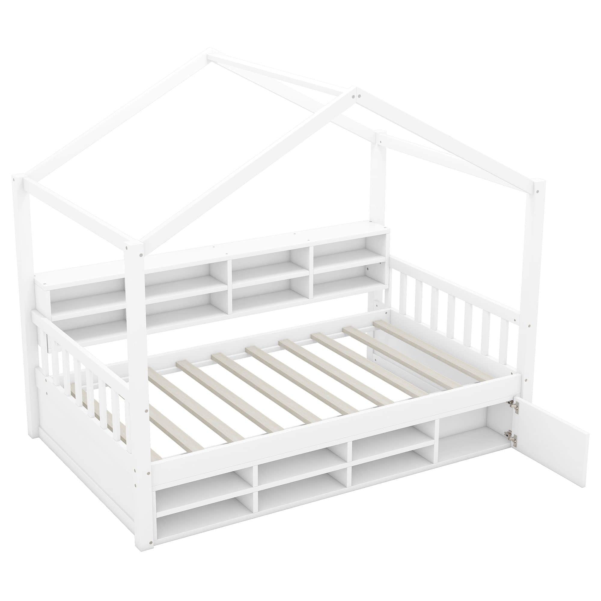 Wood Twin Size House Storage Bed Frame with Shelves and Mini-Cabinet