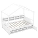 Wood Twin Size House Storage Bed Frame with Shelves and Mini-Cabinet