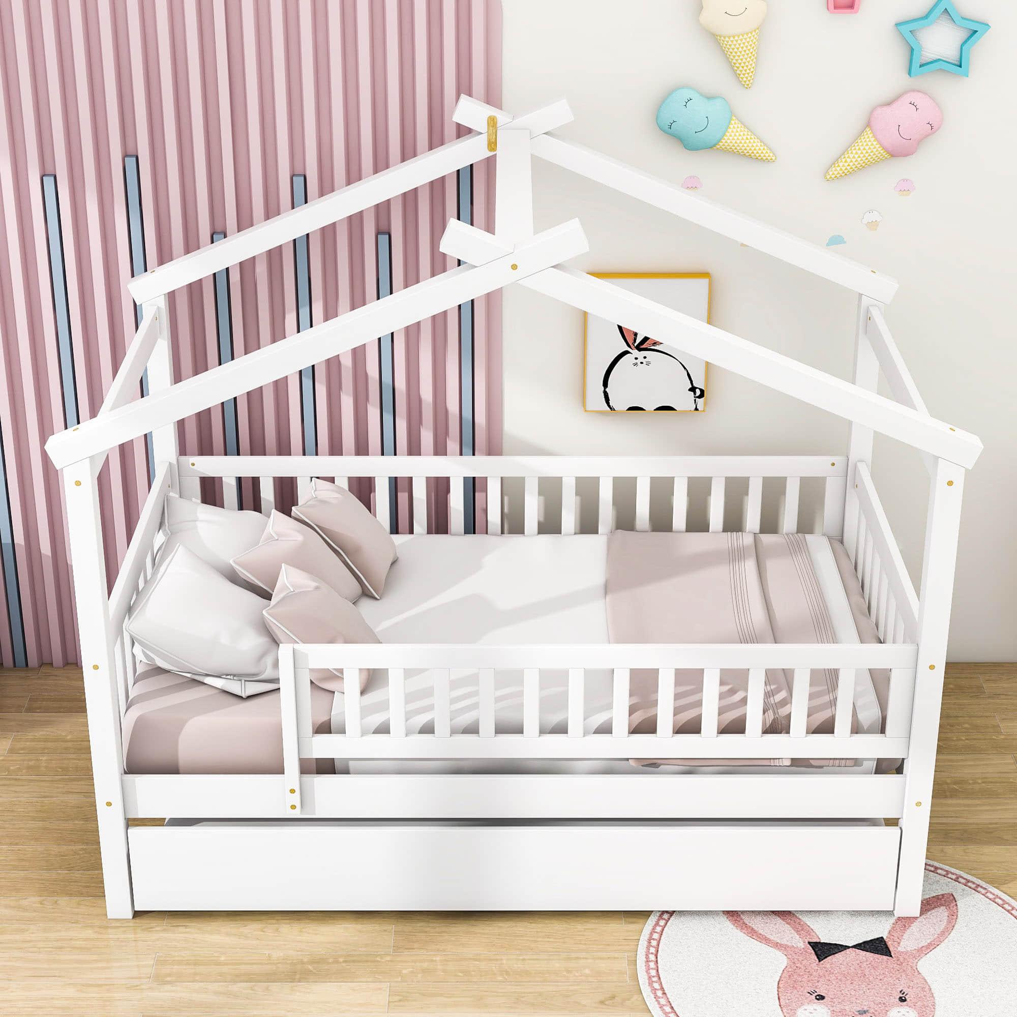 Wooden Twin House Bed with Twin Trundle for Kids, Toddler