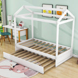 Wooden Kids Twin House Bed with Twin Trundle Bed