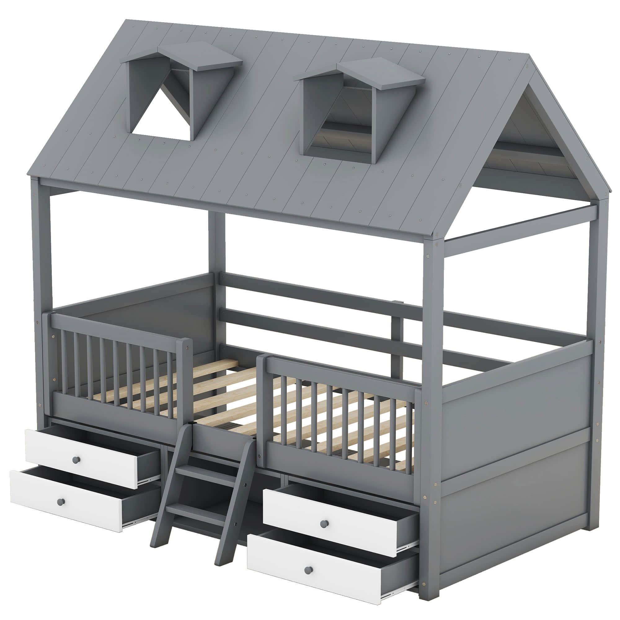 Low Twin Size Loft House Bed with Storage for Kids, Toddler - [Wooden]