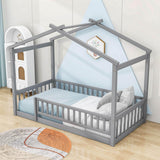 Twin Wood House Kids Toddler Floor Bed with Rails