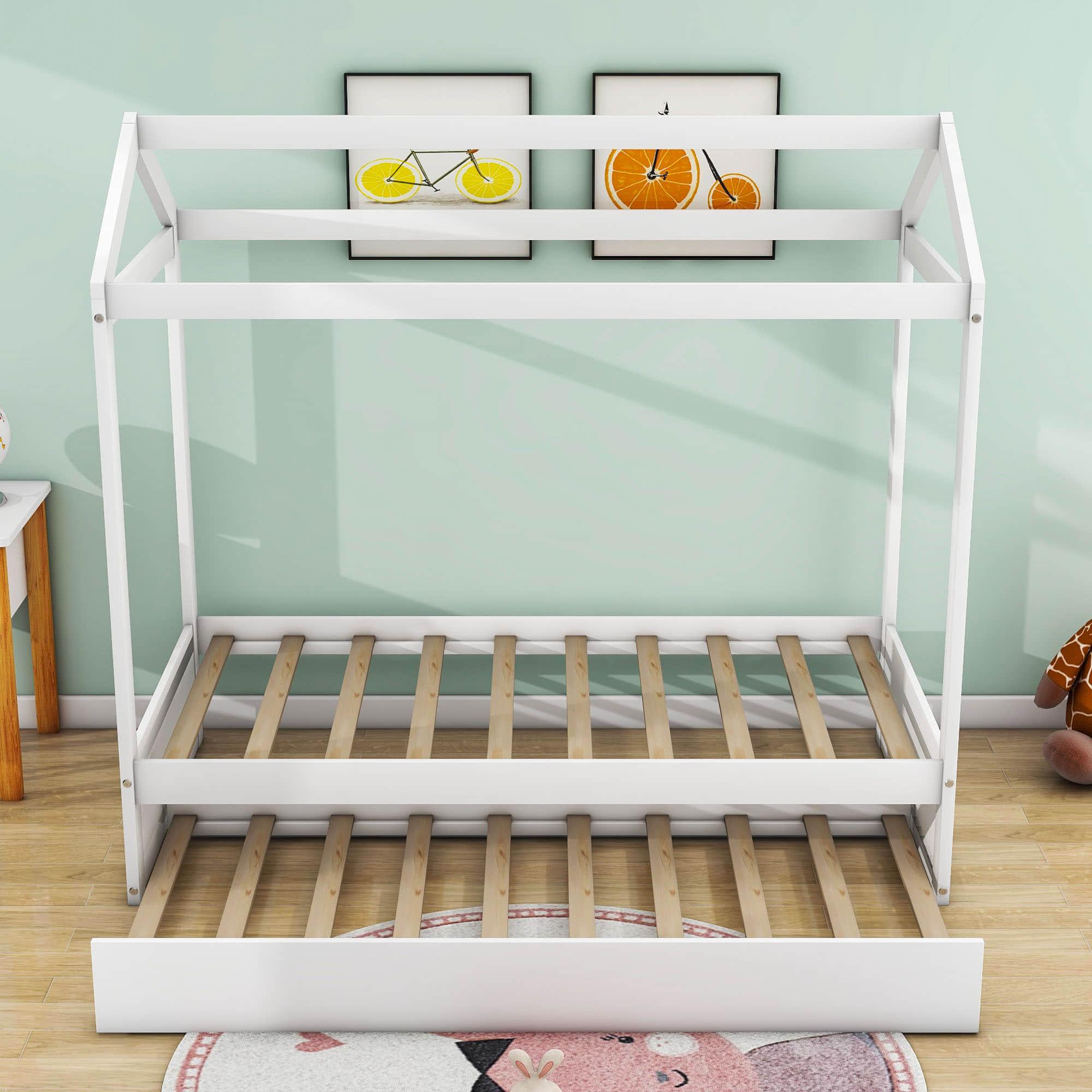 Wooden Kids Twin House Bed with Twin Trundle Bed