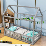 Wood House Twin Toddler Floor Bed with Rails and Door