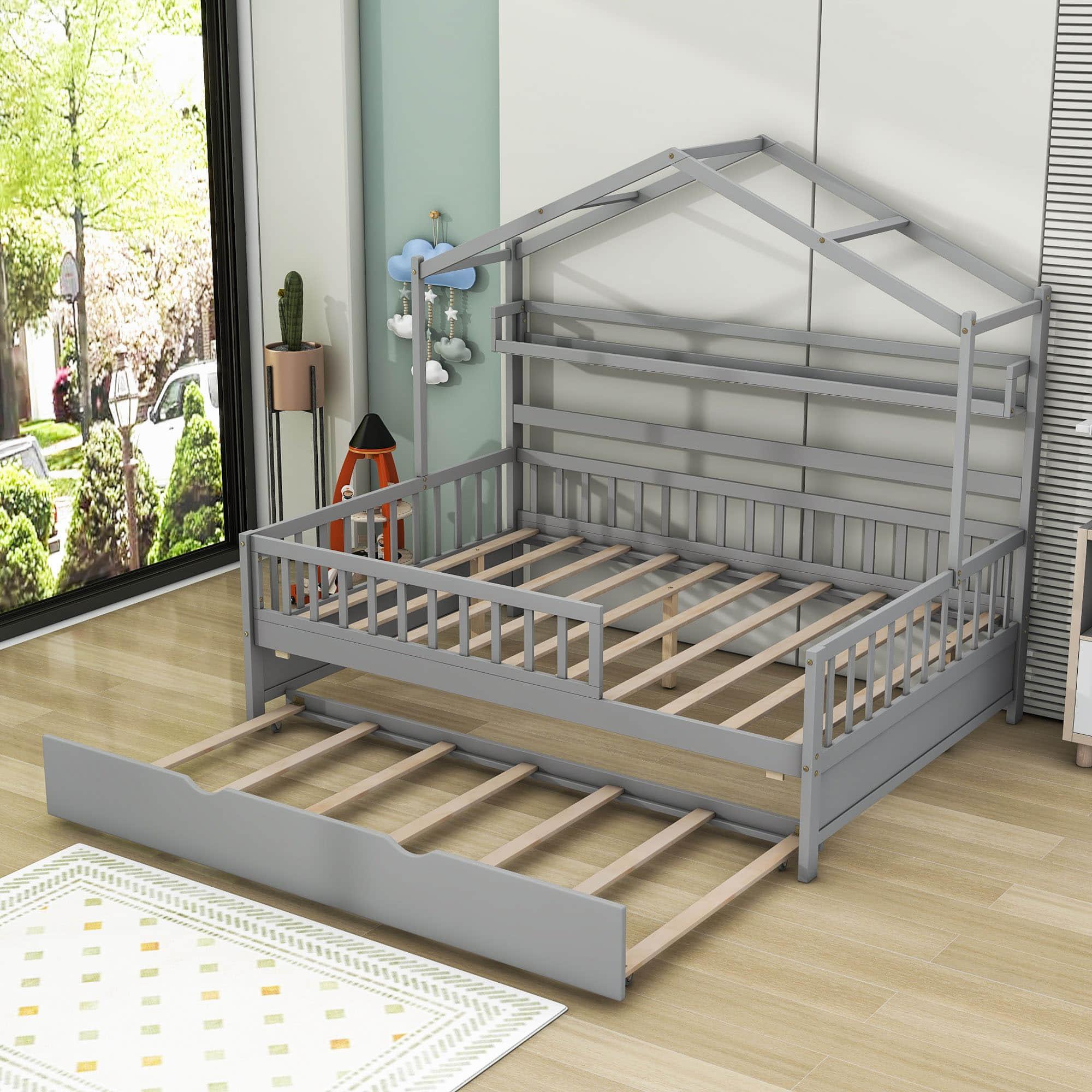 Wood Full Size Low House Bed Frame with Storage and Twin Trundle Bed