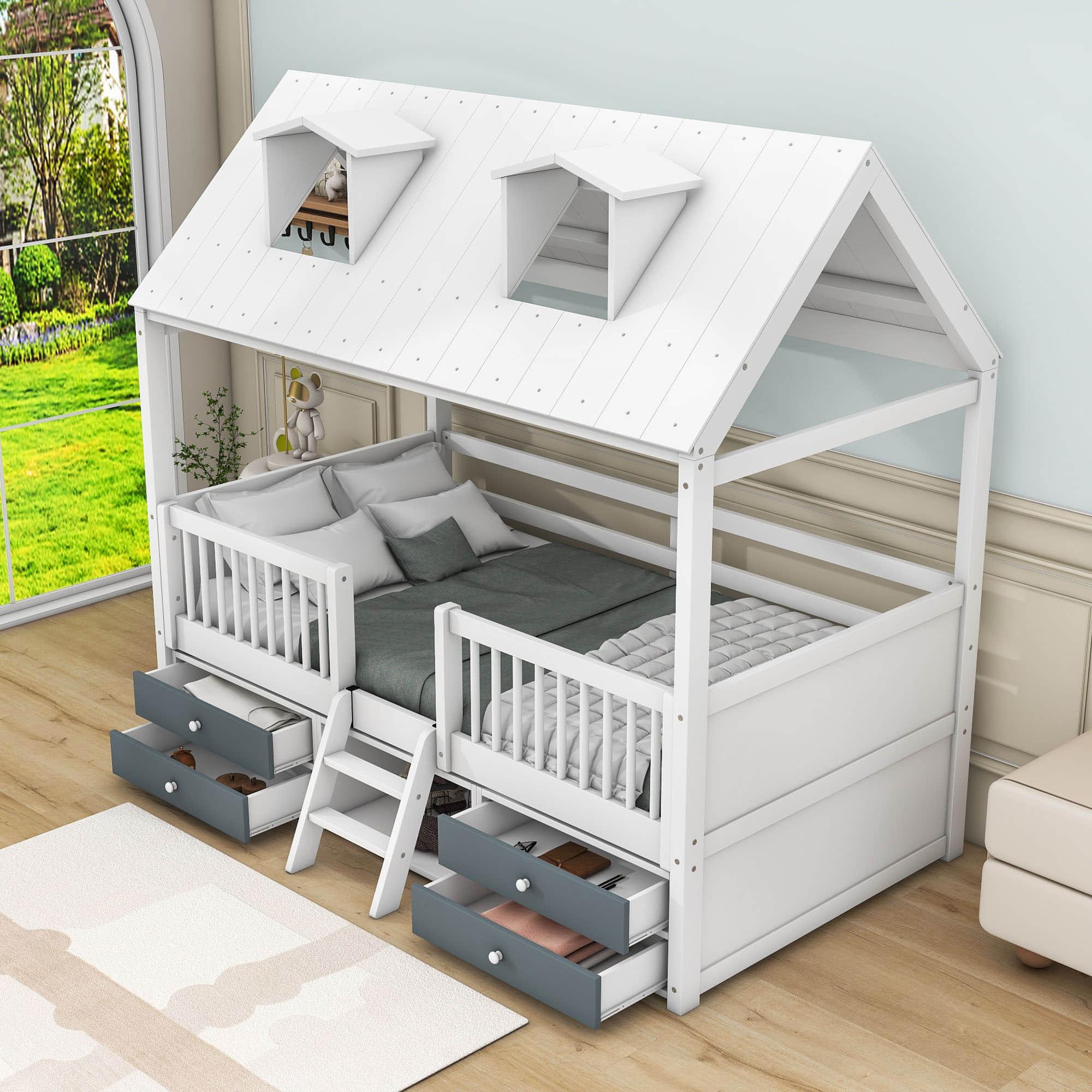 Low Twin Size Loft House Bed with Storage for Kids, Toddler - [Wooden]