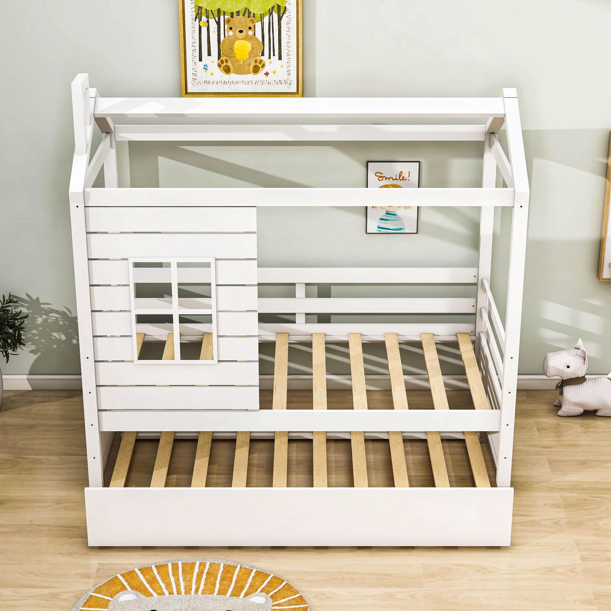 Kids Twin House Bed with Twin Trundle Bed and Rails