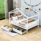 Full Size Wood House Toddler Bed Frame with Rails and Storage