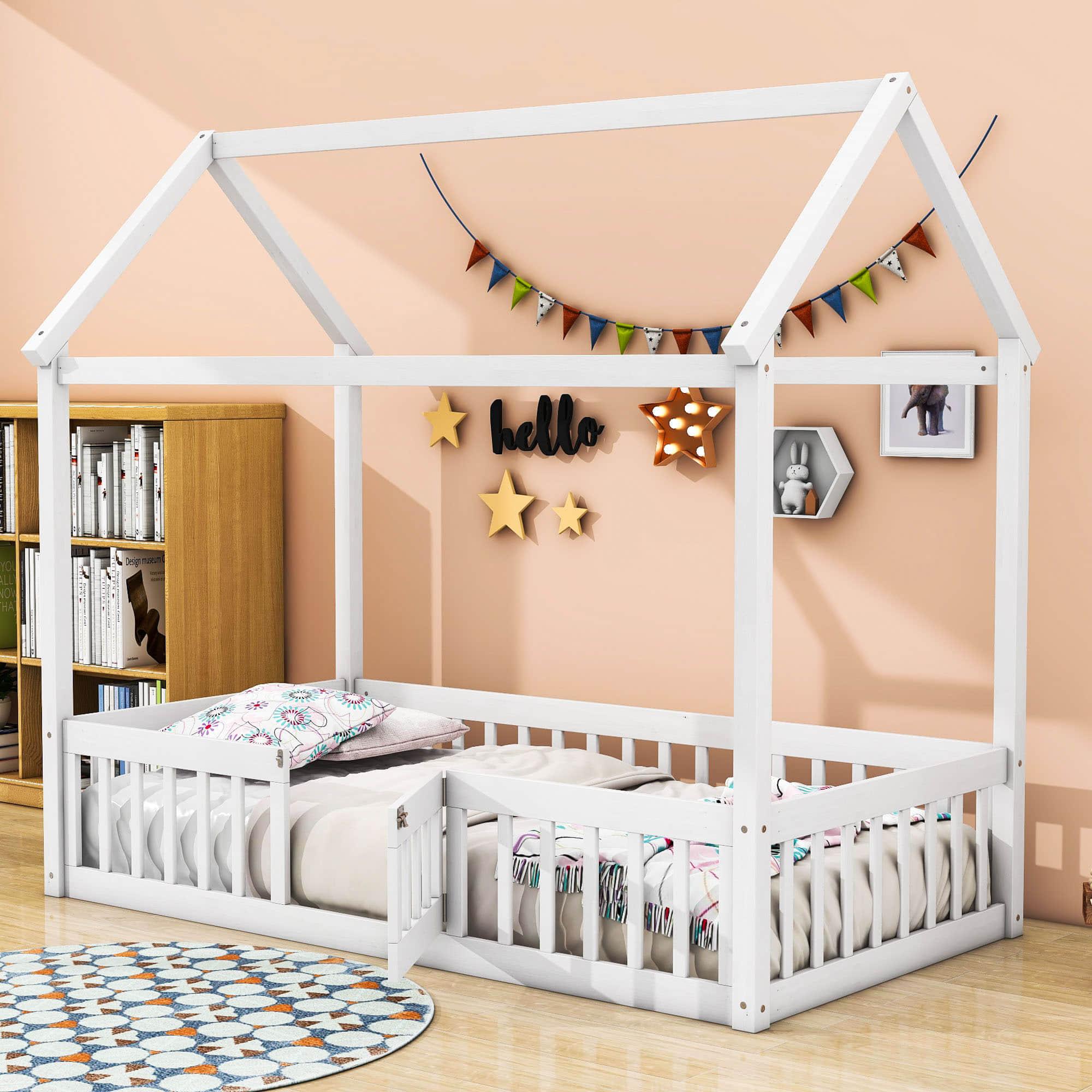 Wood House Twin Toddler Floor Bed with Rails and Door