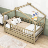 Twin Size Wood House Toddler Bed Frame with Rails and Storage