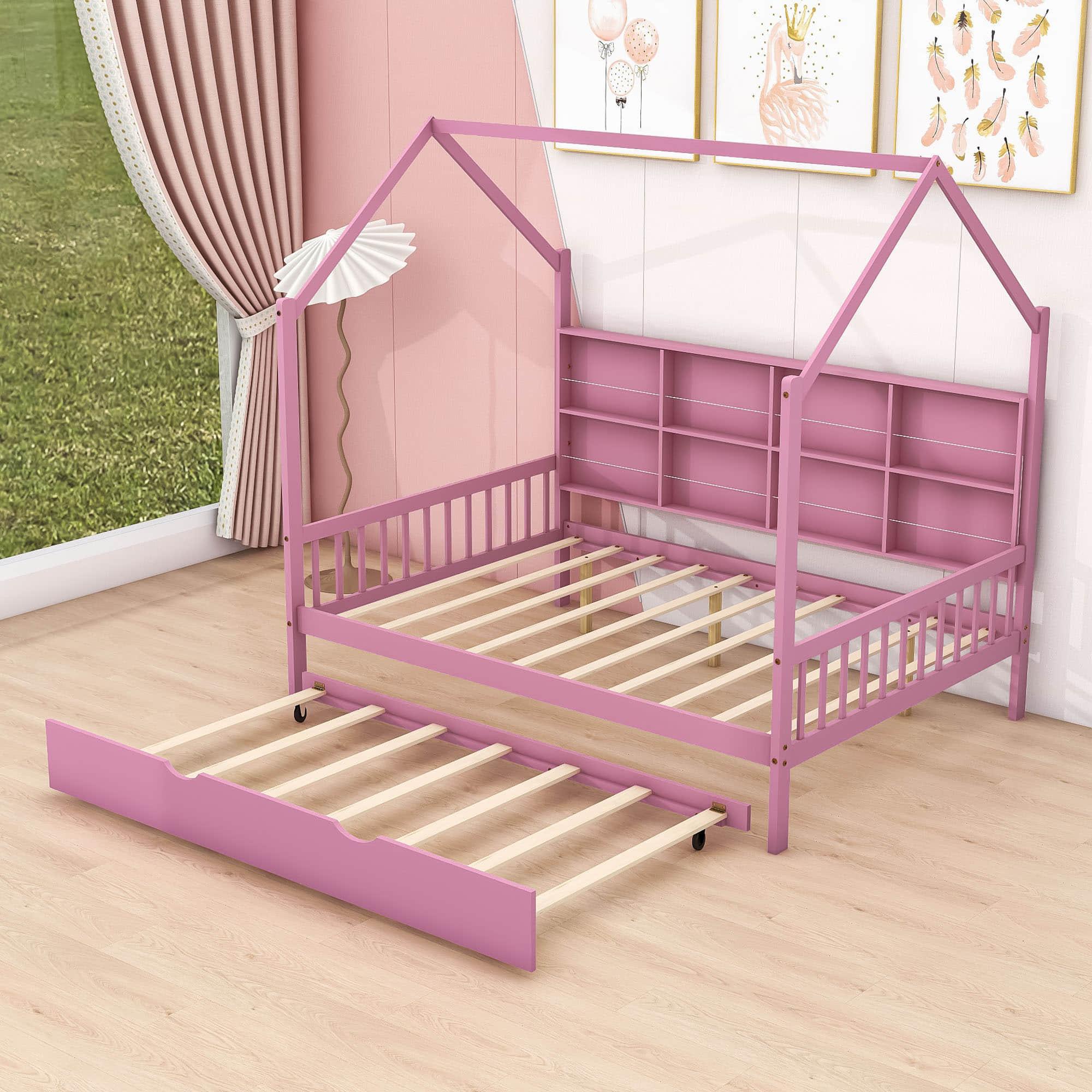 Wooden Kids House Full Size Bed with Trundle, Storage and Headboard - [Shelves]