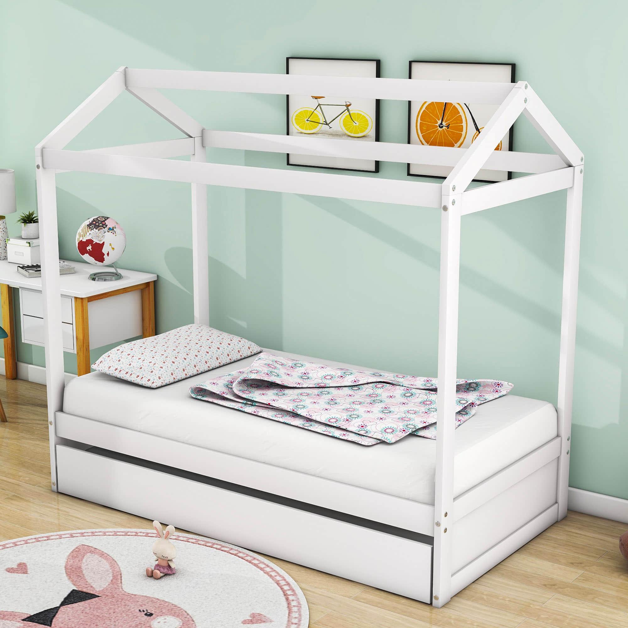 Wooden Kids Twin House Bed with Twin Trundle Bed