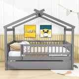 Wooden Full Size House Bed Frame with Twin Trundle for Kids, Toddler