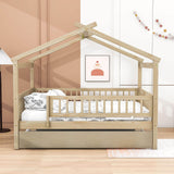 Wooden Full Size House Bed Frame with Twin Trundle for Kids, Toddler