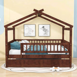 Wooden Full Size House Bed Frame with Twin Trundle for Kids, Toddler