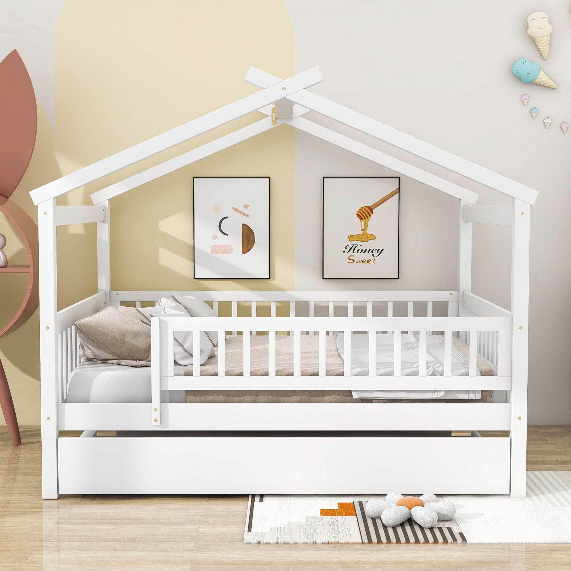 Wooden Full Size House Bed Frame with Twin Trundle for Kids, Toddler