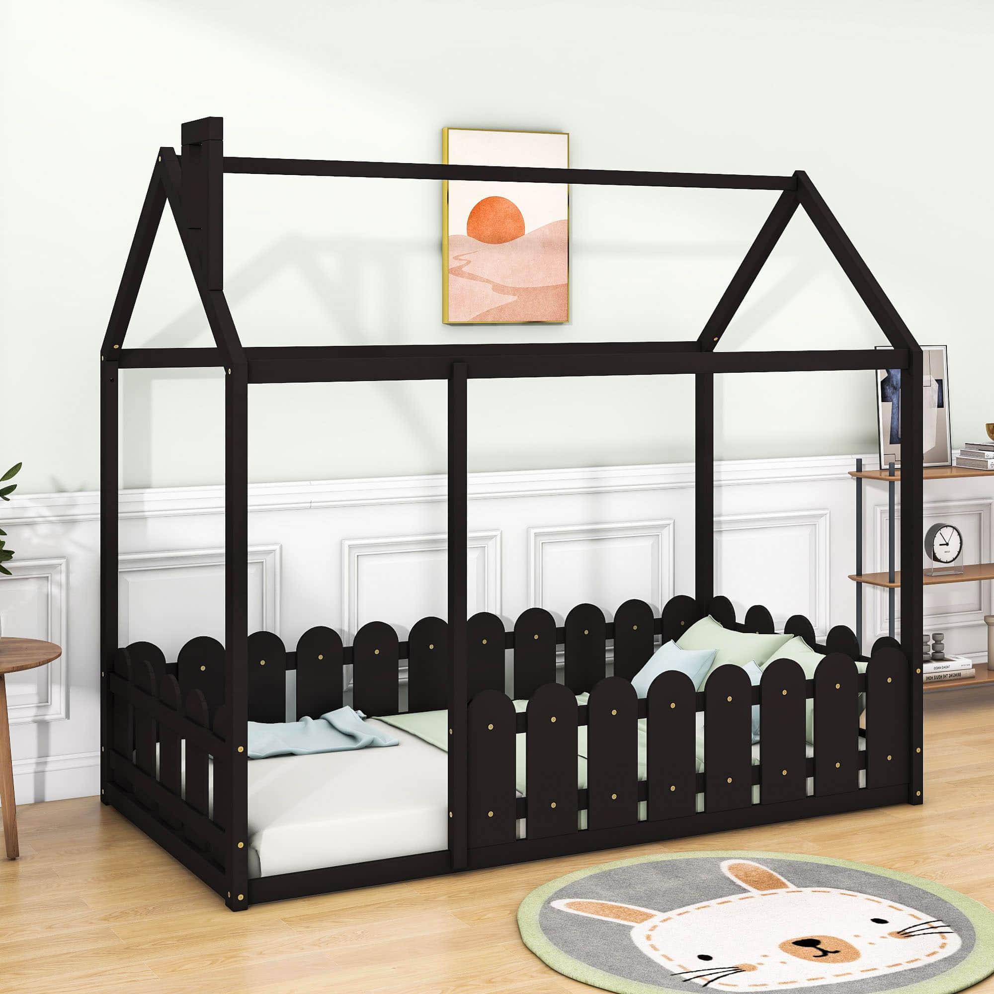 Twin Toddler Floor House Bed Frame with Rails - [Without Slats]