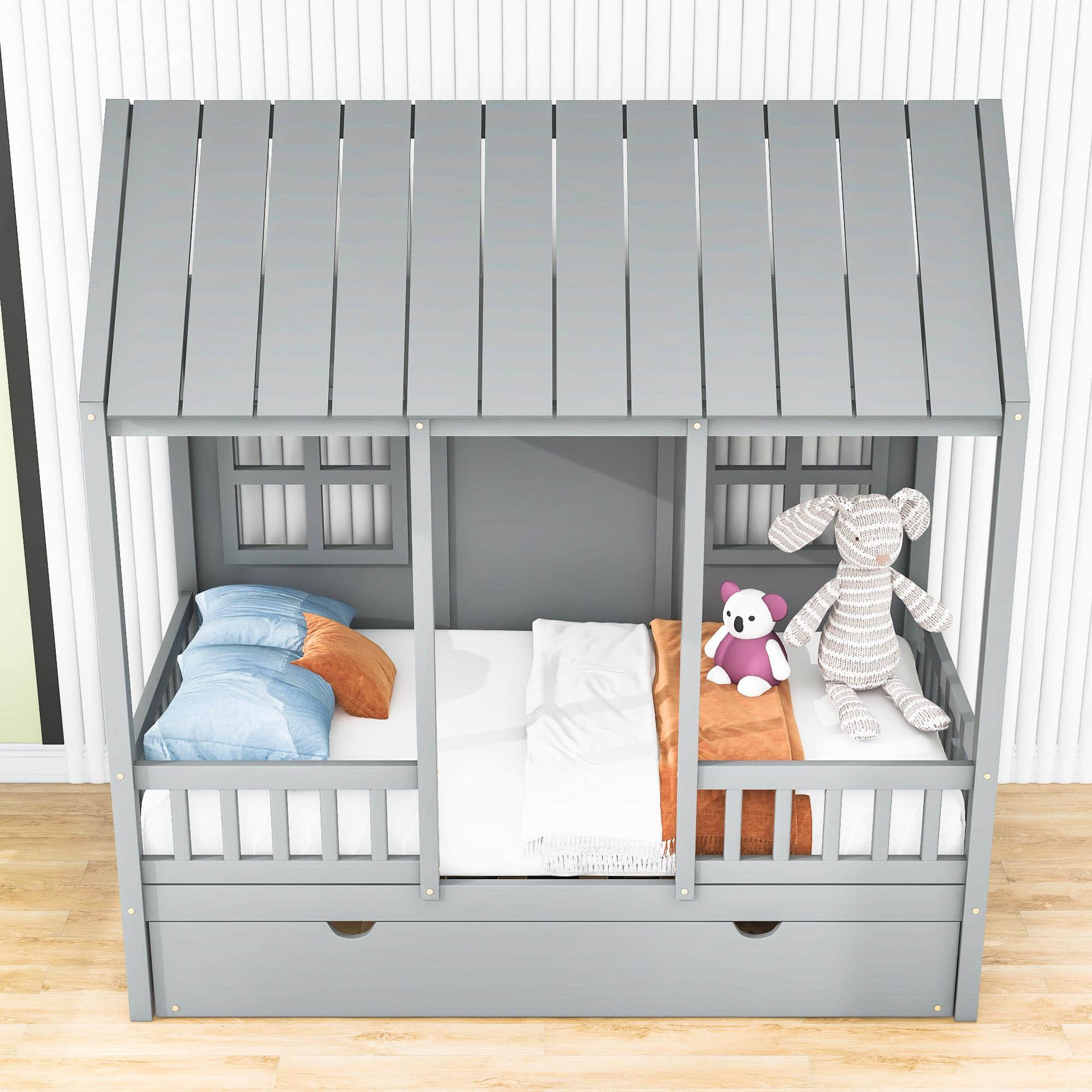 Wooden Twin House Kids Bed with Twin Trundle Bed and Rails