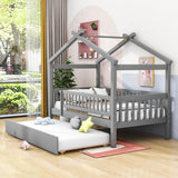 Wooden Twin House Bed with Twin Trundle for Kids, Toddler