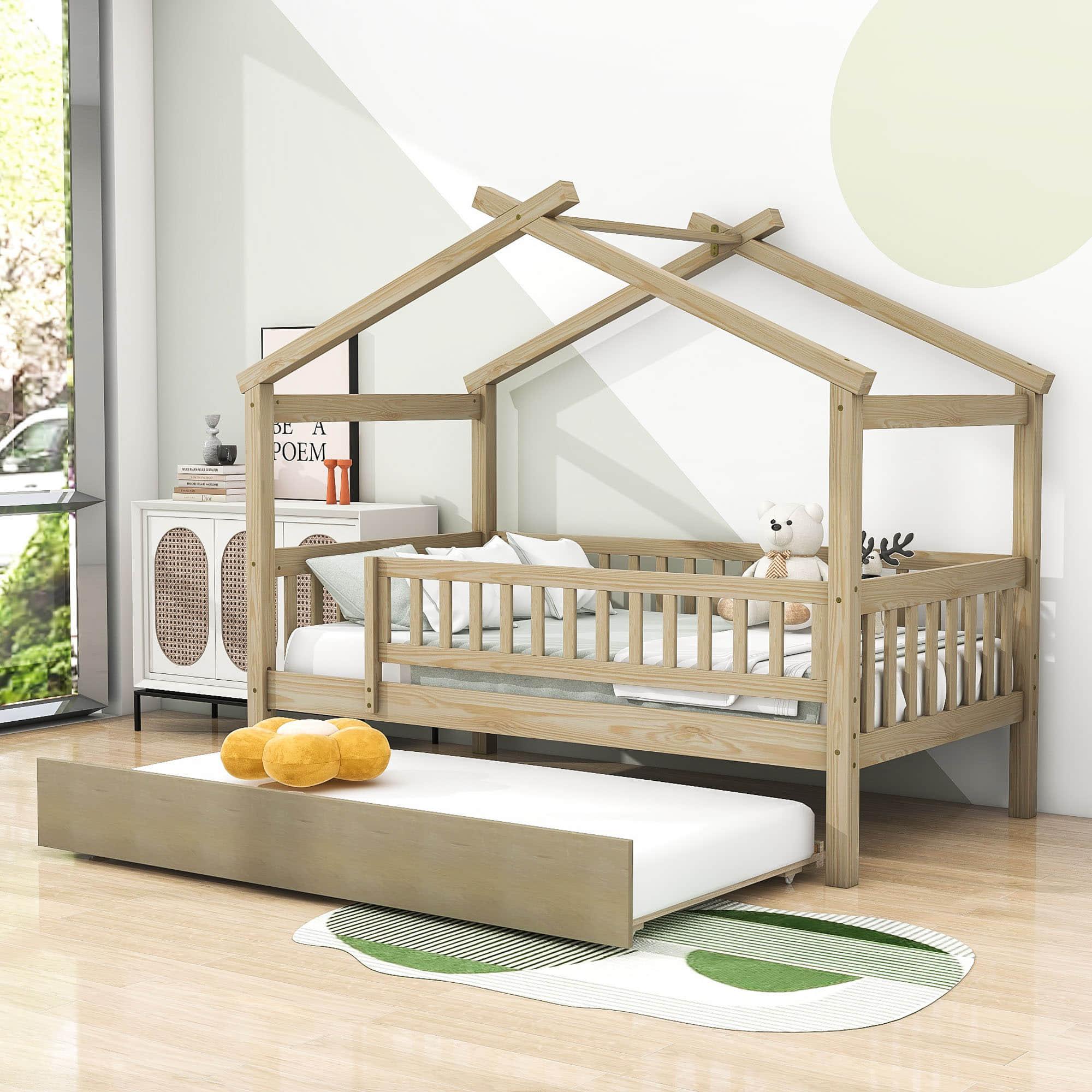 Wooden Twin House Bed with Twin Trundle for Kids, Toddler