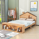 Kids Full Size Wood House Platform Bed Frame with LED Lights and Storage