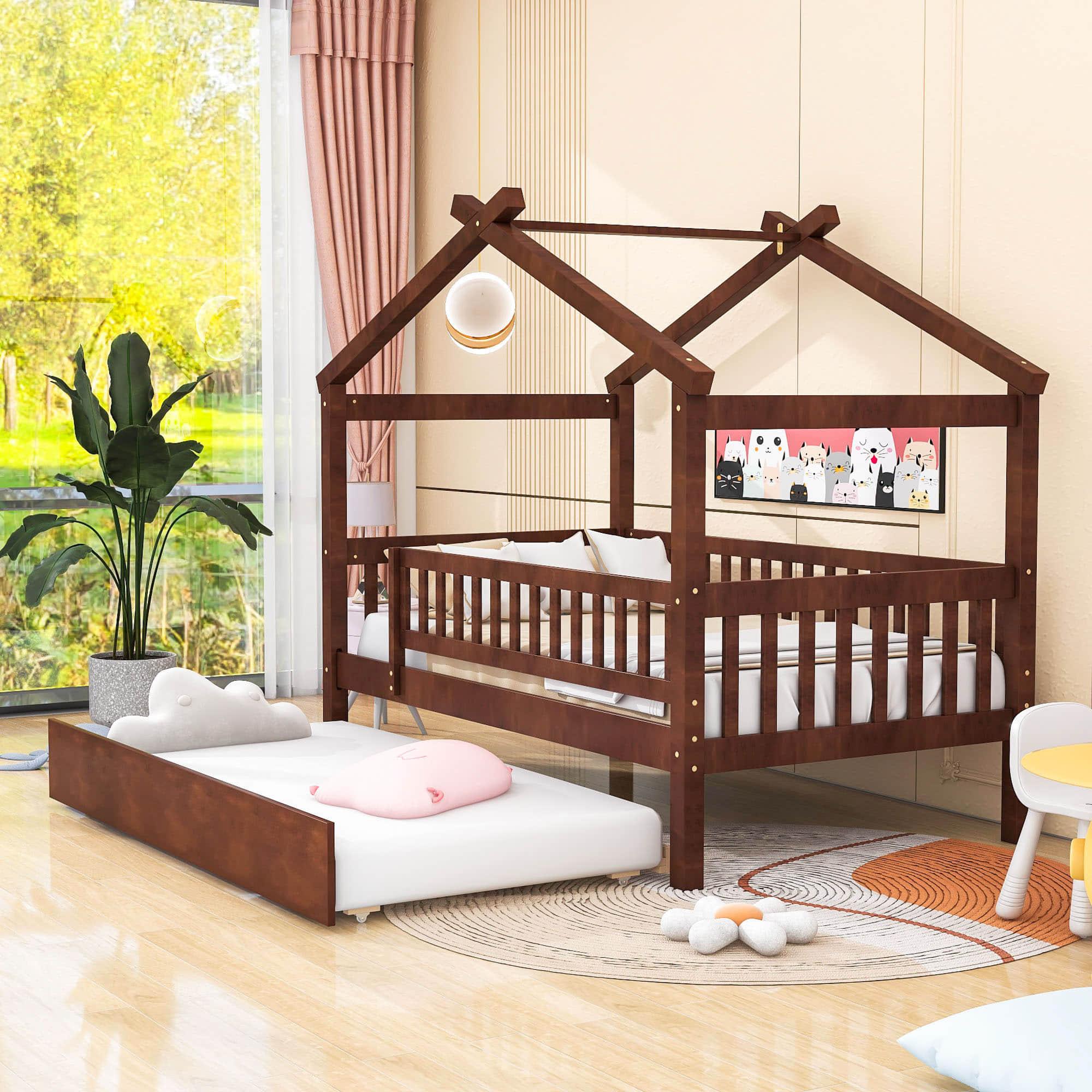 Wooden Twin House Bed with Twin Trundle for Kids, Toddler