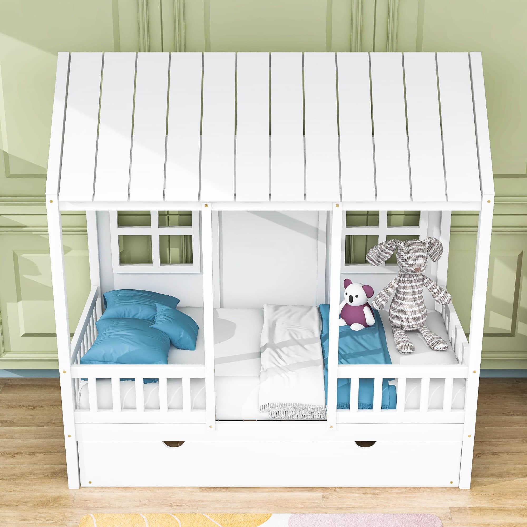 Wooden Twin House Kids Bed with Twin Trundle Bed and Rails