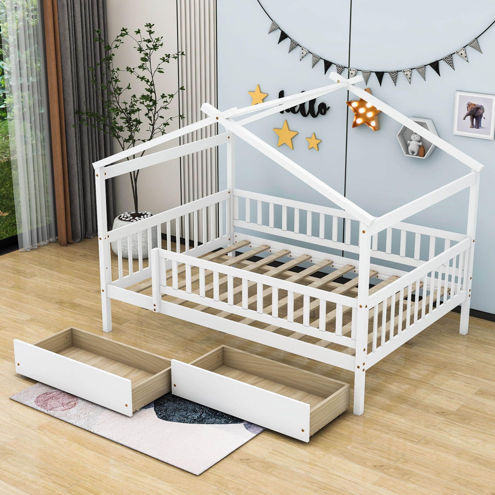 Full Size Wood House Toddler Bed Frame with Rails and Storage