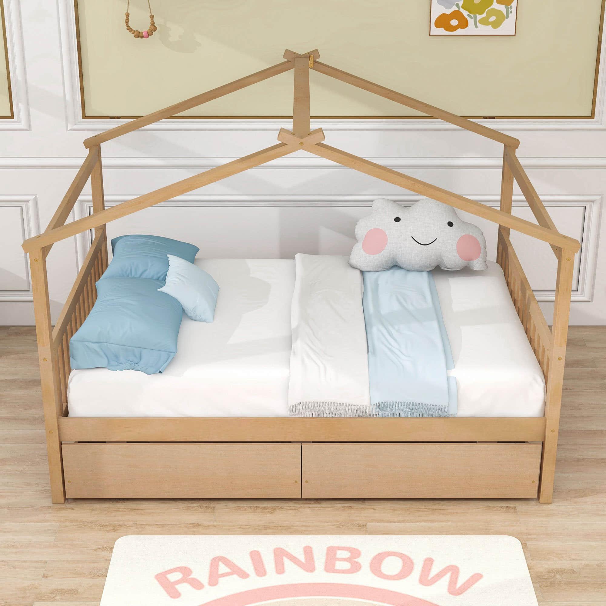 Wooden Full Size House Bed with Storage Drawers for Kids