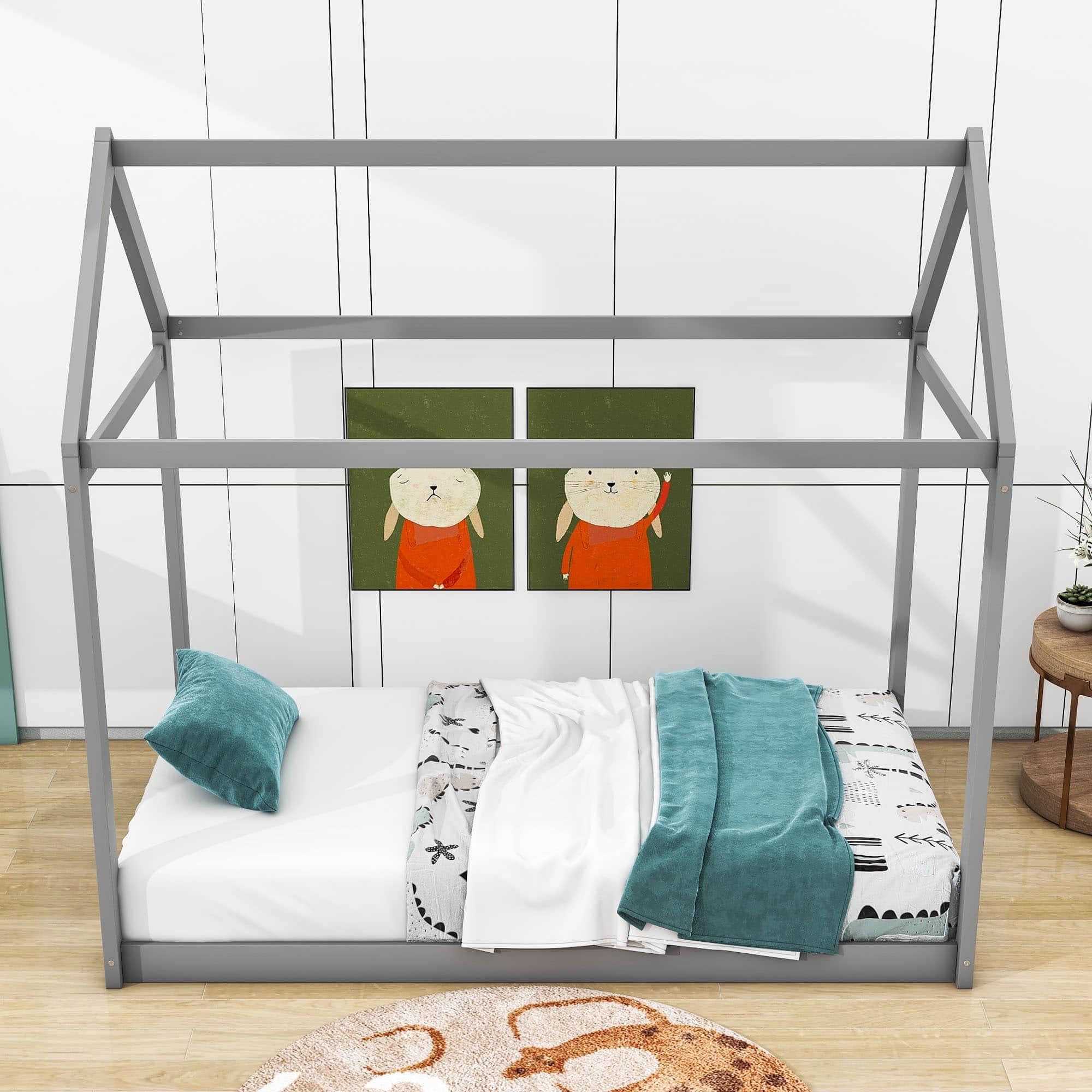 Wooden Twin Size Low to Floor Toddler House Bed Frame