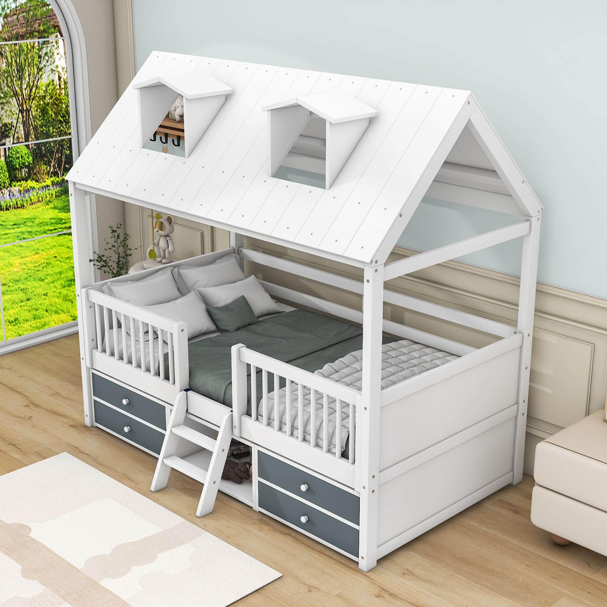 Low Twin Size Loft House Bed with Storage for Kids, Toddler - [Wooden]