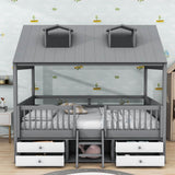 Low Full Size Loft House Bed with Storage for Kids, Toddler - [Wooden]