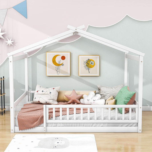 Full Size Wood House Kids Toddler Floor Bed with Rails