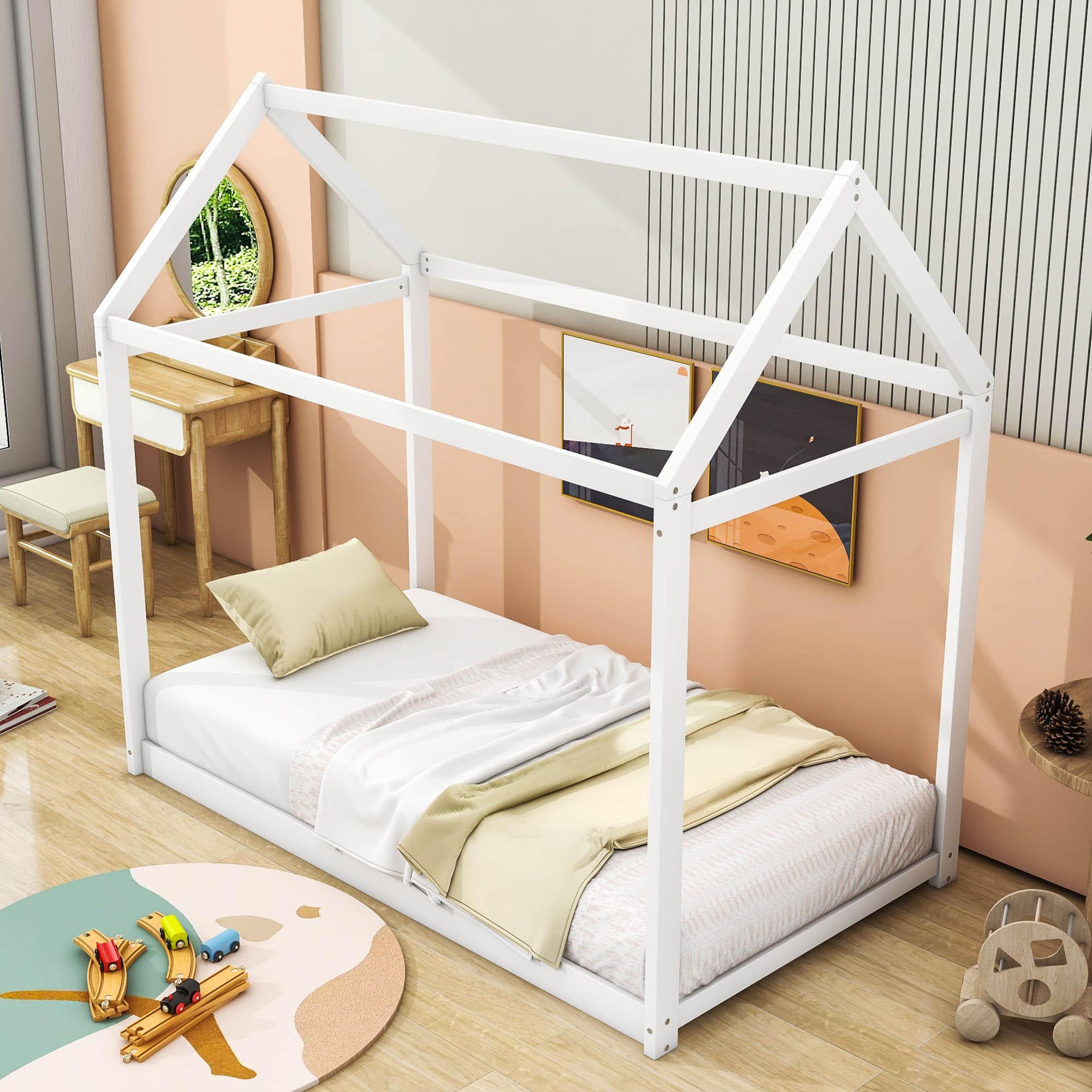 Wooden Twin Size Low to Floor Toddler House Bed Frame