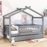 Wooden Twin House Bed with Twin Trundle for Kids, Toddler