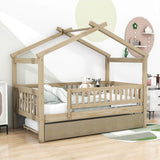 Wooden Twin House Bed with Twin Trundle for Kids, Toddler