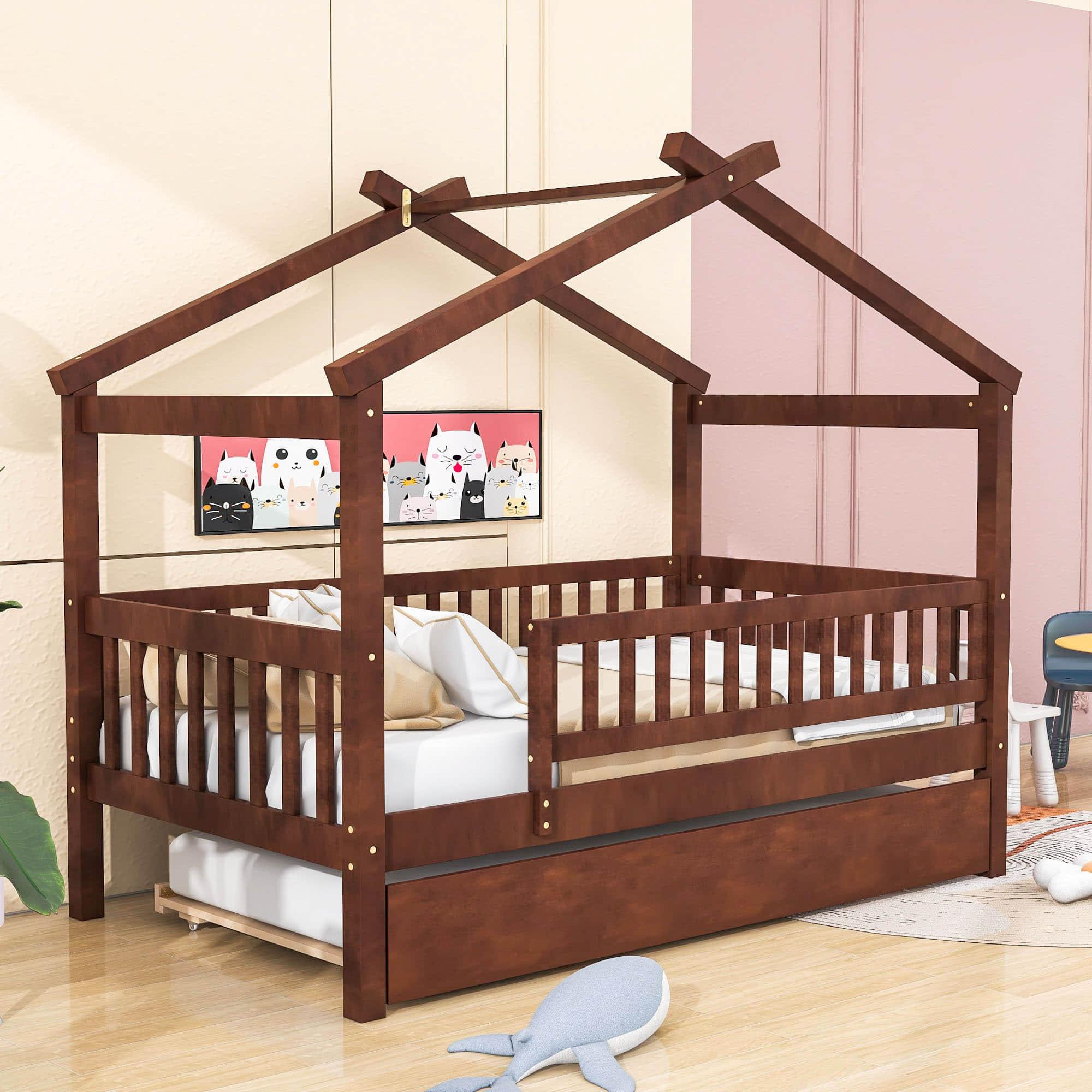 Wooden Twin House Bed with Twin Trundle for Kids, Toddler