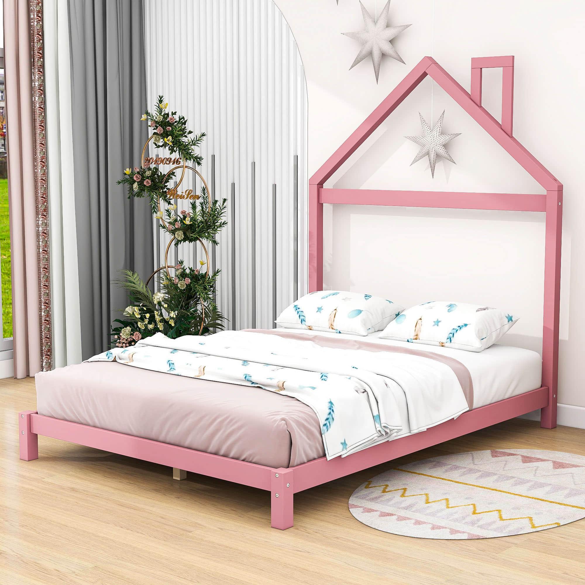 Low Full Size Wooden Toddler Bed with House-Shaped Headboard