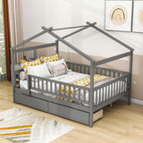 Full Size Wood House Toddler Bed Frame with Rails and Storage