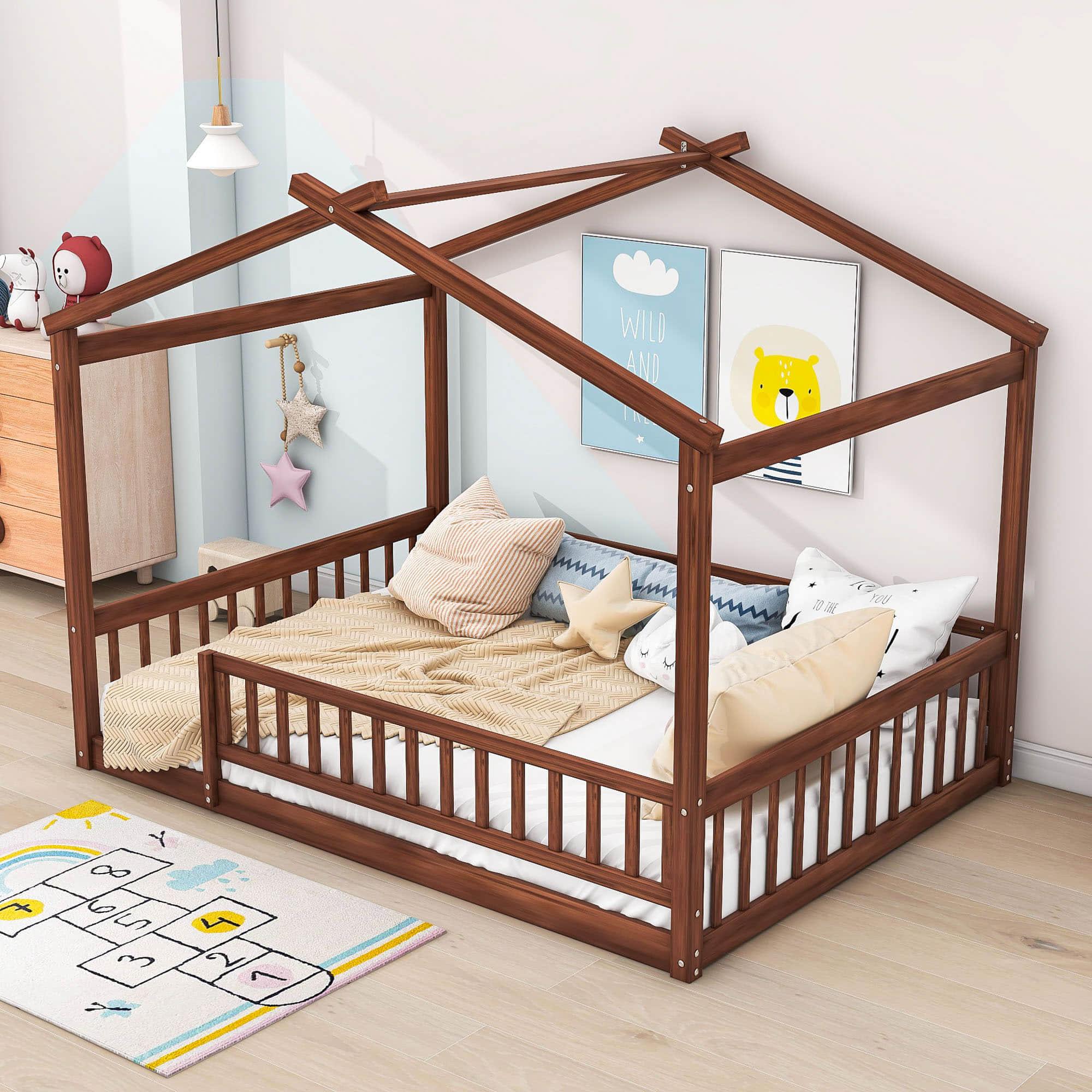 Full Size Wood House Kids Toddler Floor Bed with Rails