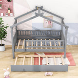 Wooden Twin House Bed with Twin Trundle for Kids, Toddler