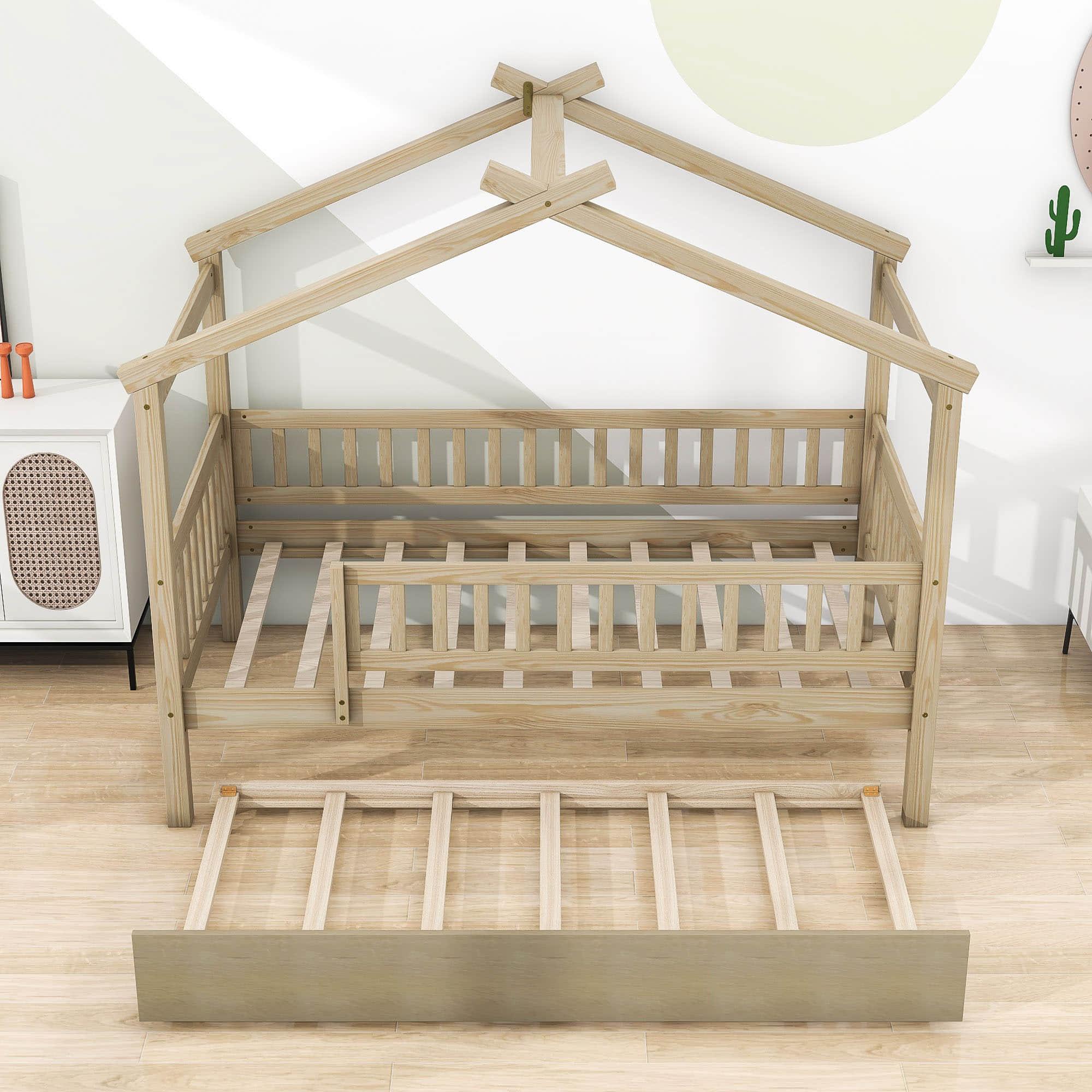 Wooden Twin House Bed with Twin Trundle for Kids, Toddler