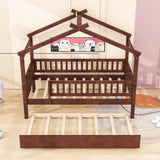 Wooden Twin House Bed with Twin Trundle for Kids, Toddler