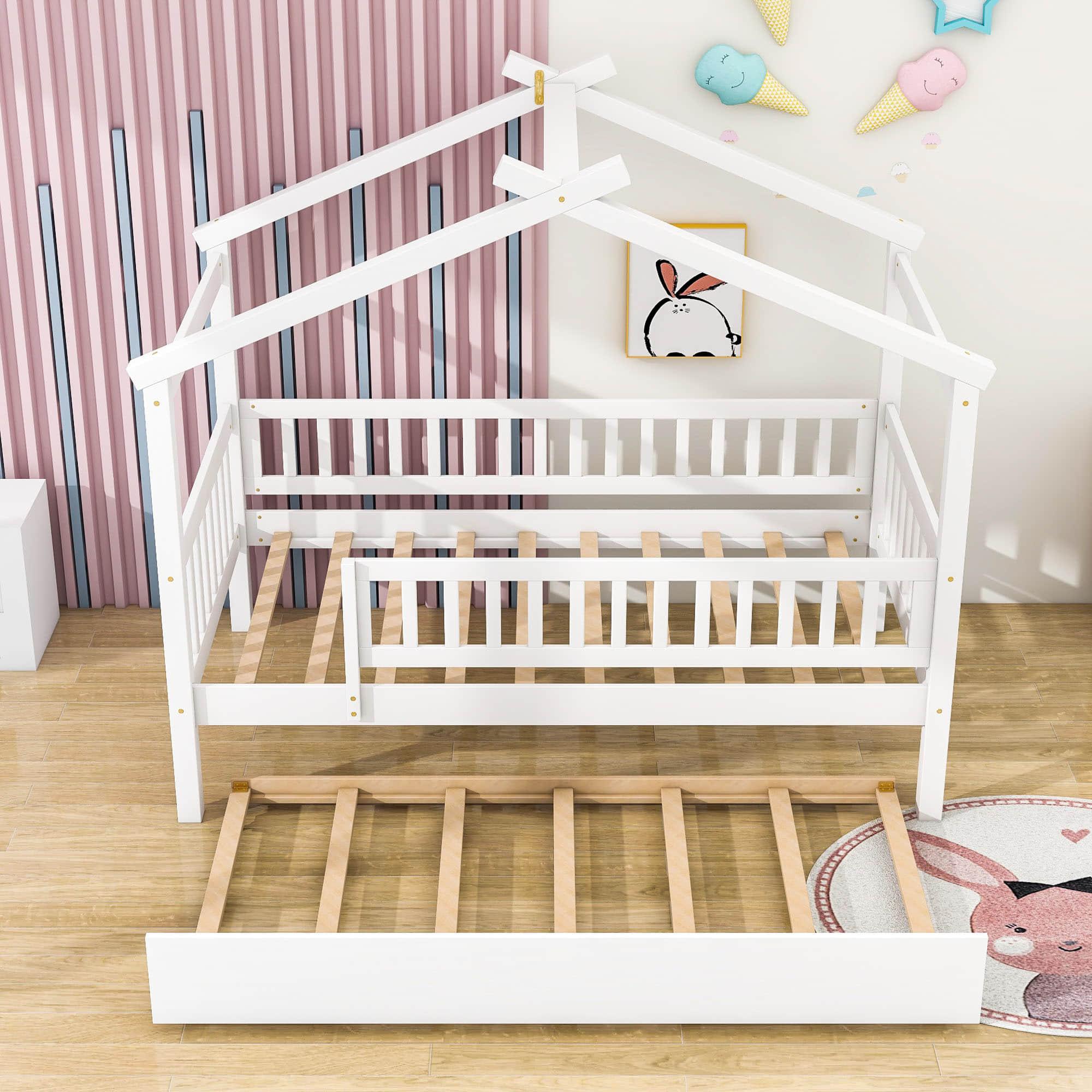 Wooden Twin House Bed with Twin Trundle for Kids, Toddler