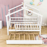 Wooden Twin House Bed with Twin Trundle for Kids, Toddler